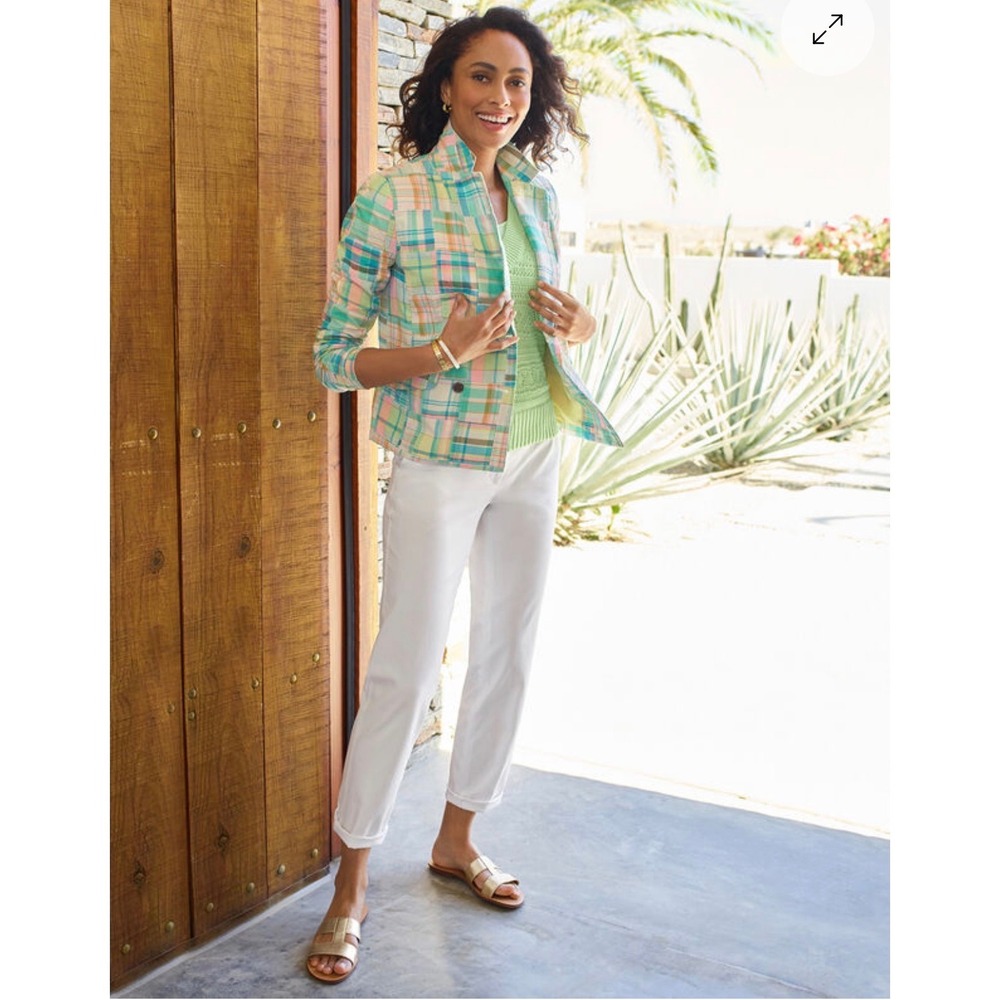 Talbots Blazer Women 14 Multi Madras Patchwork Excellent Cropped Double Breasted - Picture 12 of 12